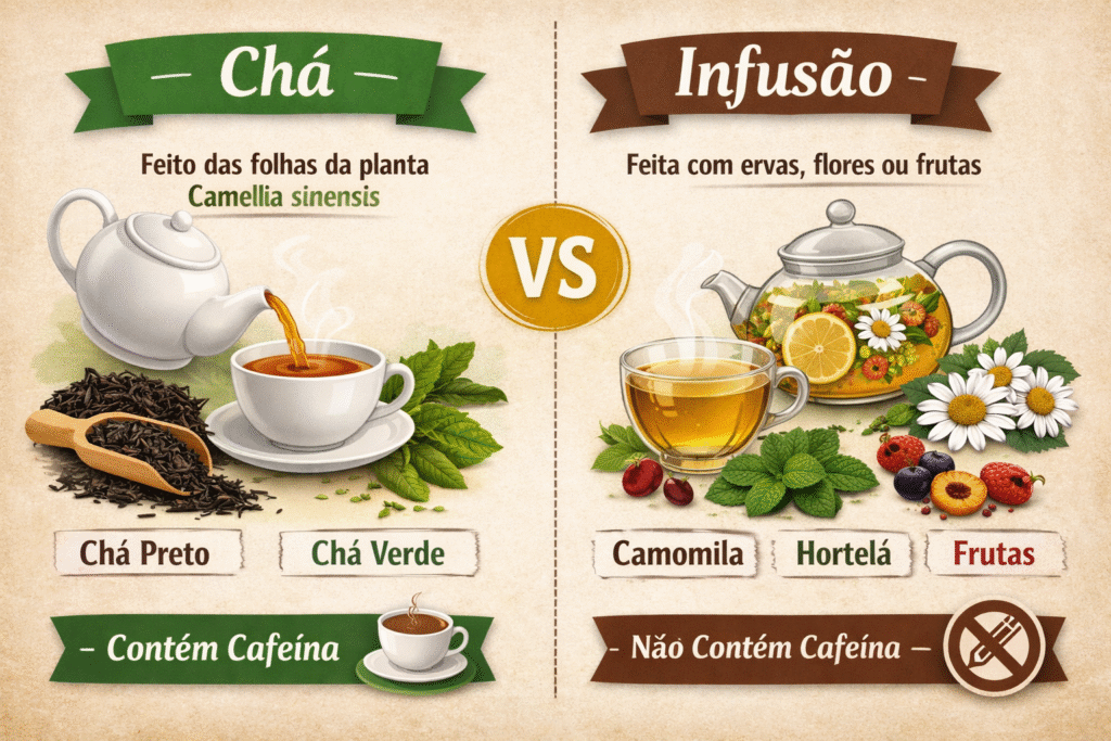 Infográfico explicando a diferença entre chá e infusão, mostrando Camellia sinensis e ervas como camomila e hortelã.