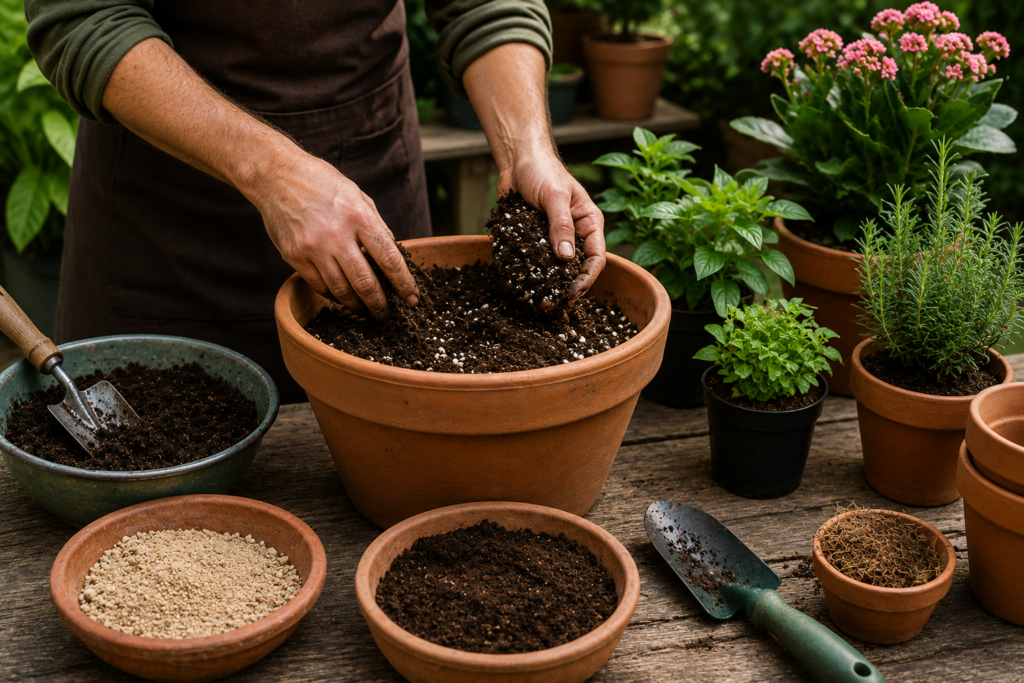 Pessoa preparando substrato para plantar em vaso