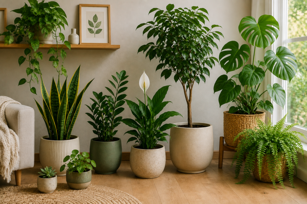 Plantas de diferentes tamanhos em vasos em um ambiente doméstico