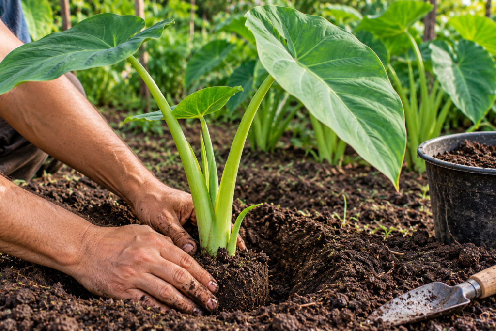 Pessoa plantando muda de taioba em solo preparado
