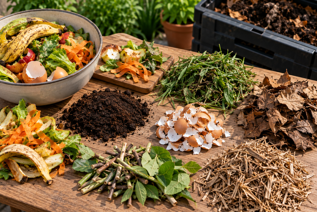 Resíduos orgânicos e materiais vegetais para compostagem