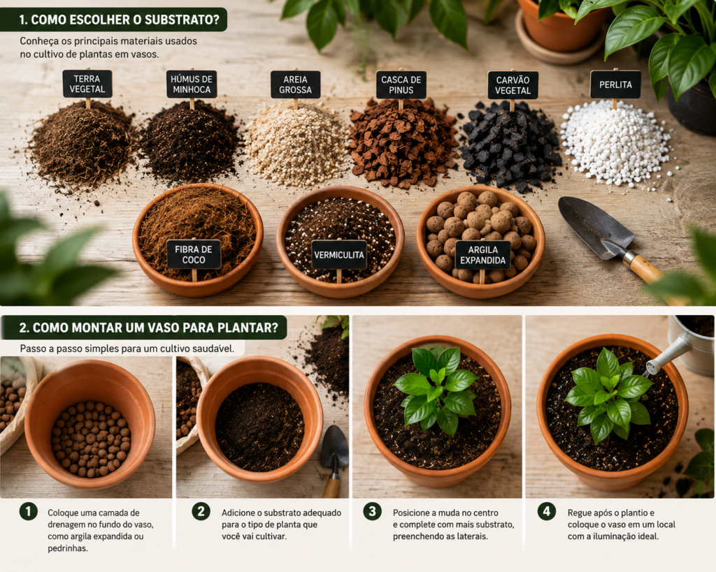 Diferentes materiais usados como substrato para plantas em vasos