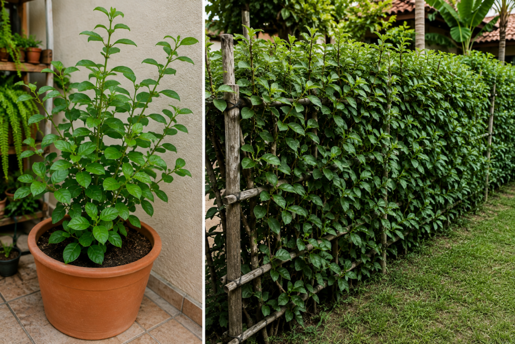 Ora-pro-nóbis cultivada em vaso e como cerca viva