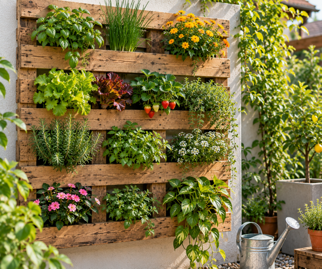 Pallet transformado em jardim vertical com plantas