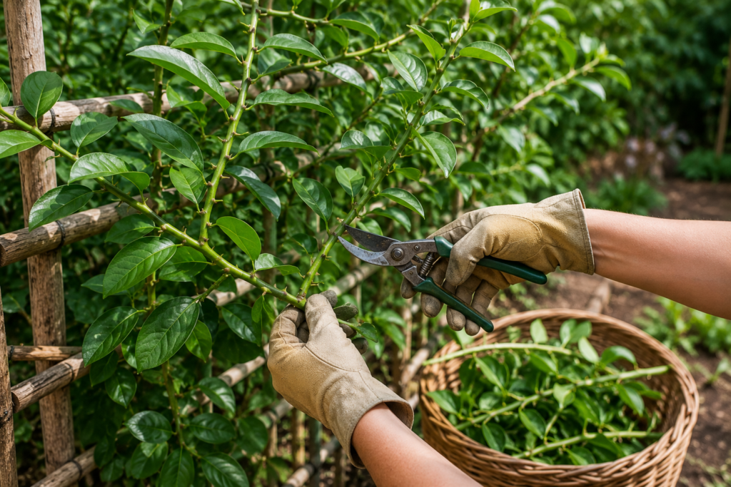 Pessoa podando ora-pro-nóbis com tesoura de jardinagem