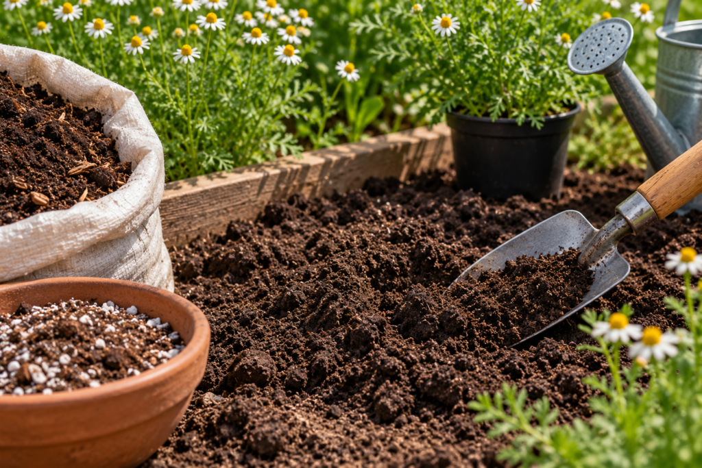 Solo preparado para cultivar camomila em uma horta
