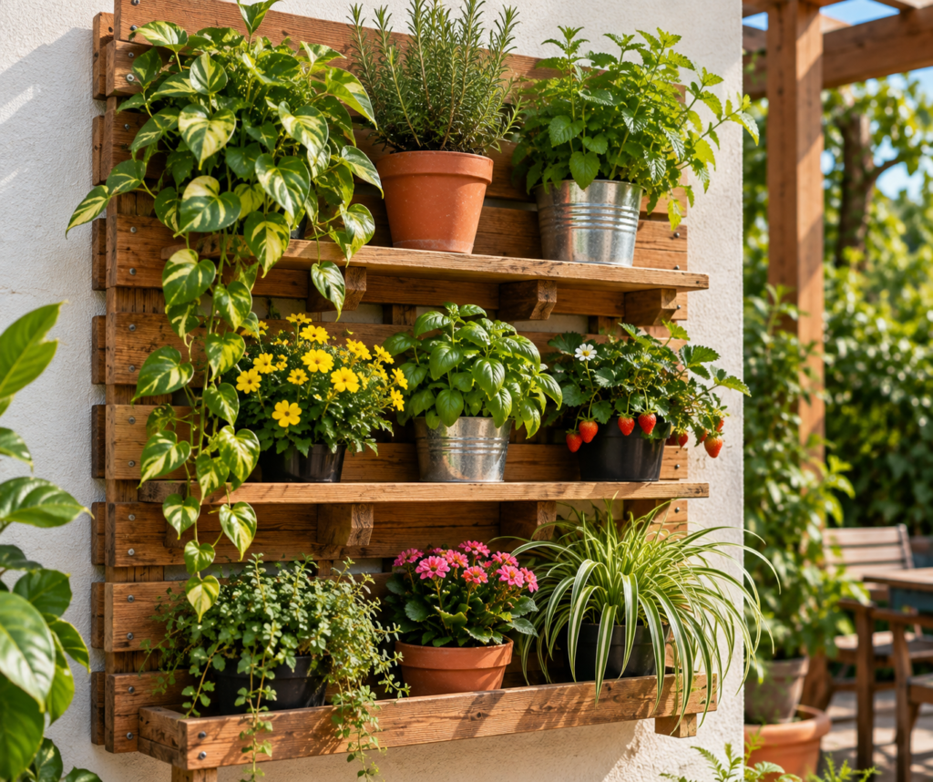 Suporte vertical para plantas em jardim doméstico